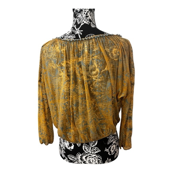 FREE PEOPLE Boho Burnout Cropped Top Turquoise Beaded 3/4 Sleeve Mustard Yellow - Picture 2 of 11